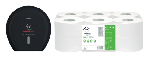 Dozownik do papieru toaletowego czarny + papier toaletowy celulozowy 2 warstwowy w mini Jumbo roli Papernet Biotech 140 mb