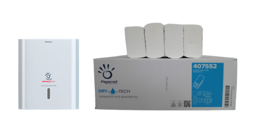 Dozownik do ręczników typu Interfold + ręcznik w składce wielopanelowej Drytech 20,3 x 32