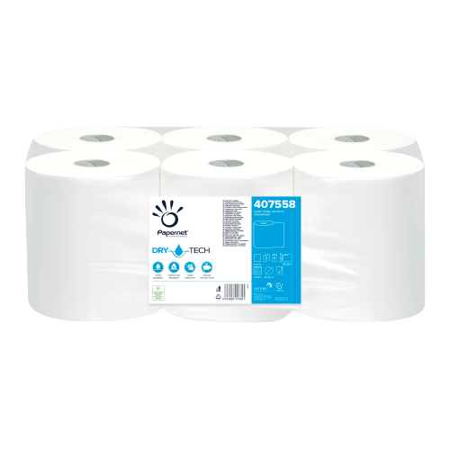 Ręcznik papierowy w roli systemowy Papernet Superior Drytech 2 warstowy 2x18g/m2 celulozowy biały rolka 100 mb